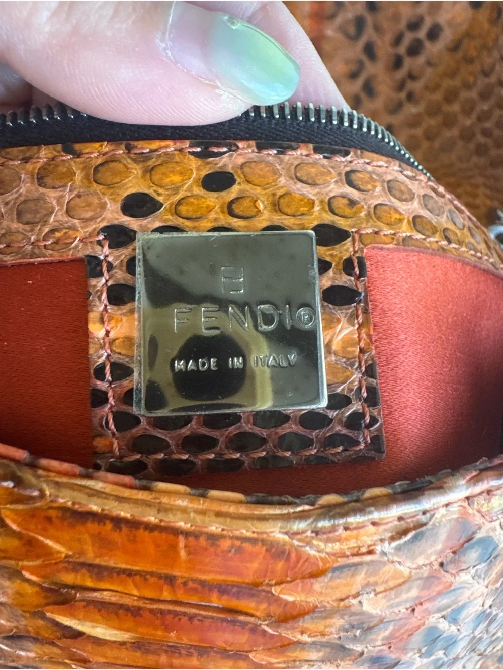 Fendi Orange and Black Python Shoulder Baguette Bag